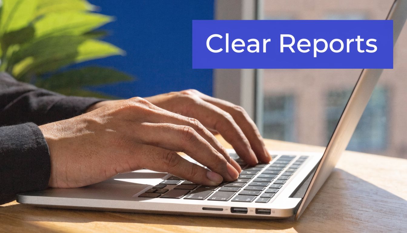 A close-up view of a professional person typing on a modern laptop in a bright office.