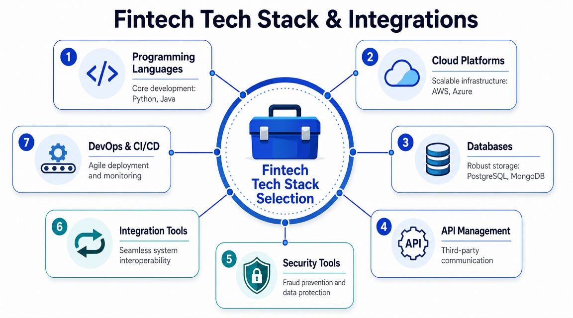 A diagram illustrating the essential components of a fintech tech stack and system integration strategies.