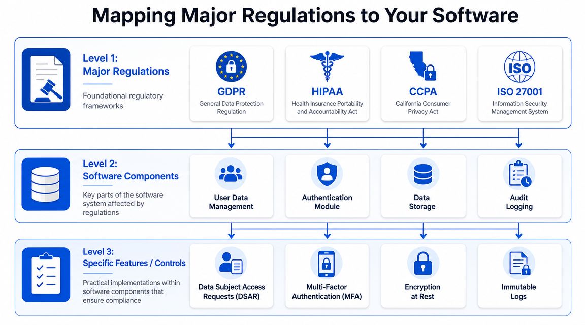 A diagram mapping major regulatory frameworks to software components and their specific compliance control features.