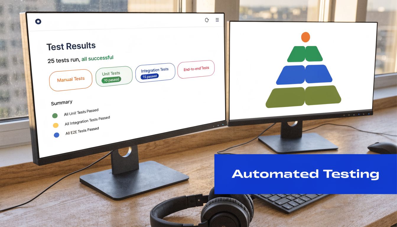 Dual computer monitors showing test results and a software testing pyramid diagram on a wooden desk.
