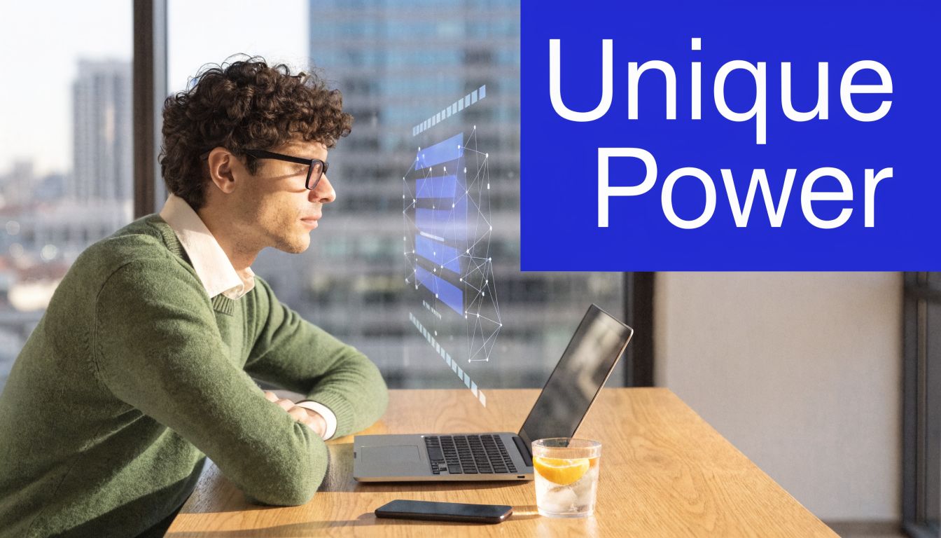 A young man with glasses working on a laptop with an abstract data visualization floating above it.