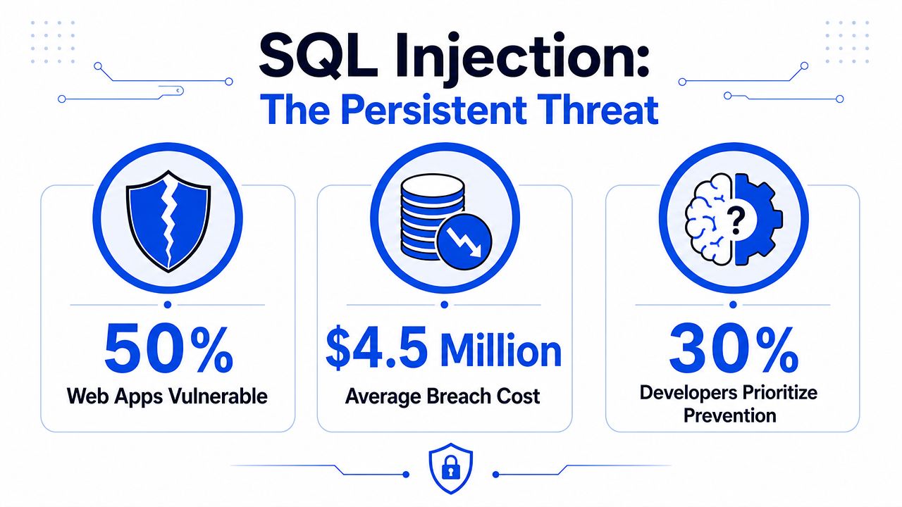 An infographic titled SQL Injection: The Persistent Threat showing statistics on web vulnerability, breach costs, and developer prioritization.