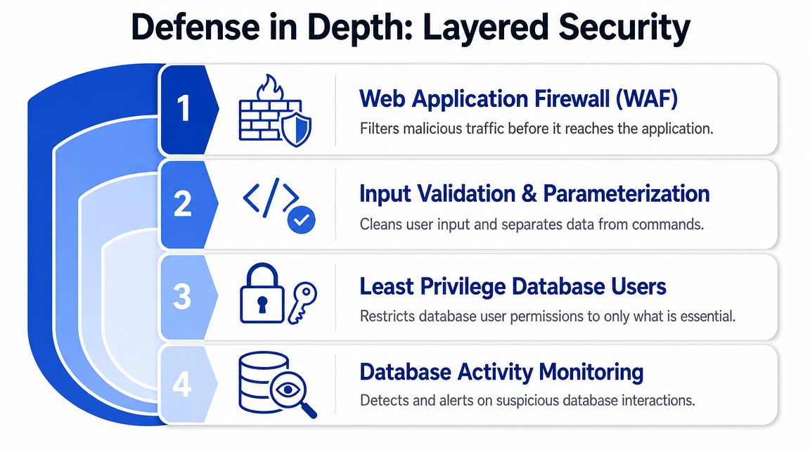 A diagram illustrating the four layers of defense against SQL injection, including WAF, input validation, and database monitoring.