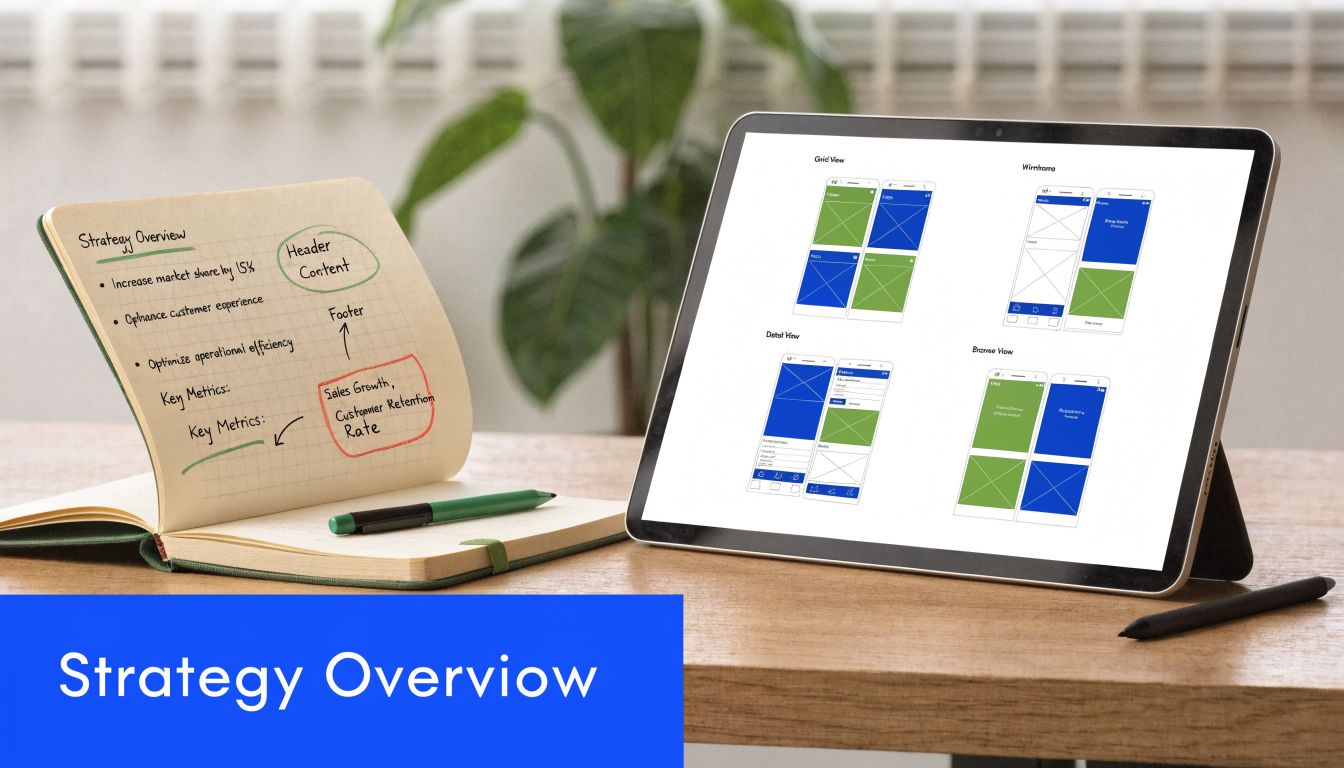 A notepad showing strategy goals alongside a tablet displaying wireframes for an ecommerce mobile application design.