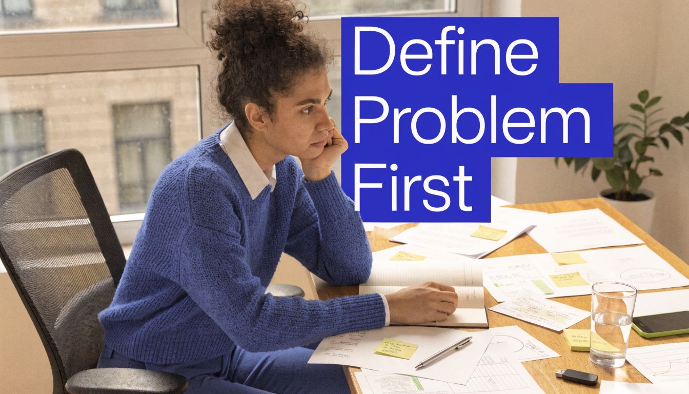 A woman thinking while working at her desk with documents, pens, and a glass of water.