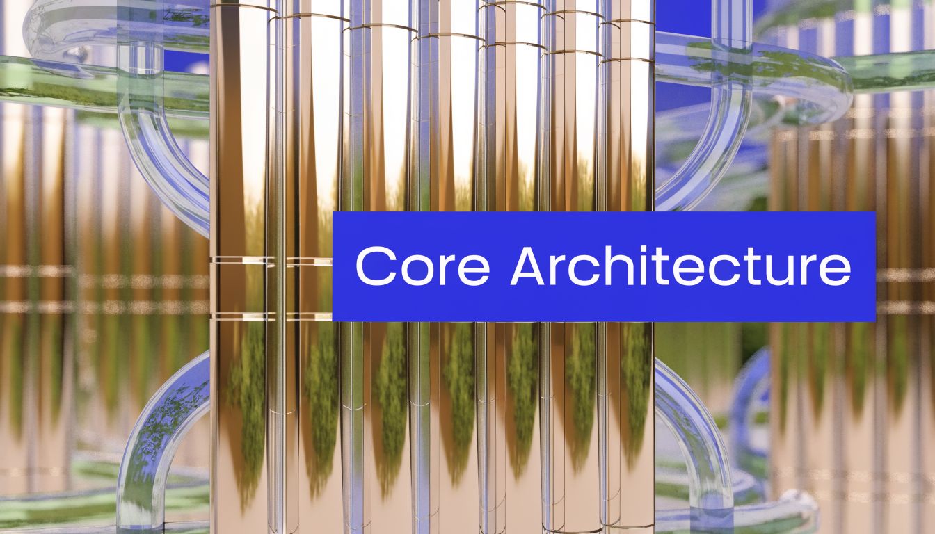 A conceptual 3D render featuring metallic columns and transparent glass pipes with the text Core Architecture.