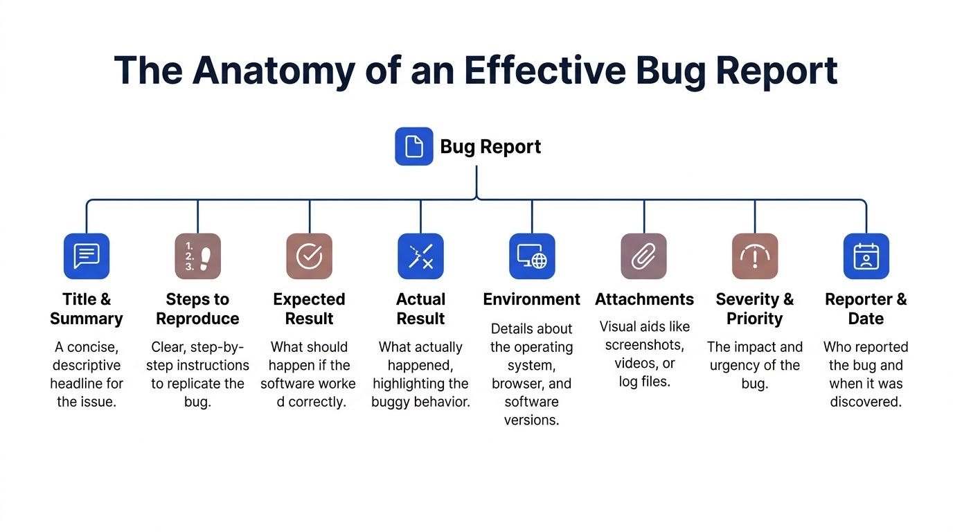 A diagram outlining the essential components of an effective software bug report including key descriptive fields.