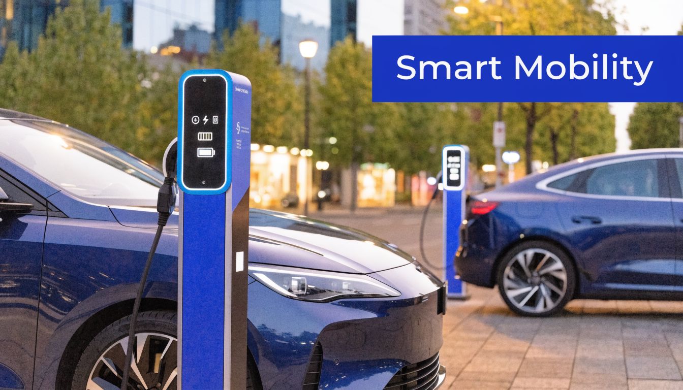 Two blue electric cars parked and charging at public EV charging station pedestals on a city street.