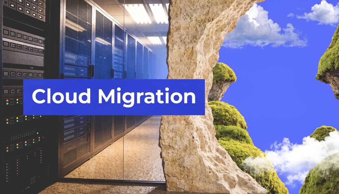 A conceptual image showing a data center server room transitioning into a lush, floating landscape in the sky.