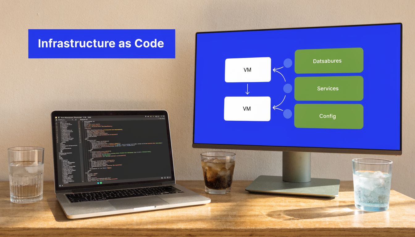 A modern workspace with a laptop displaying code and a monitor showing an Infrastructure as Code diagram.