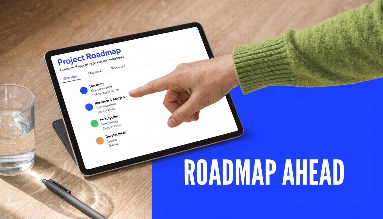 A hand pointing to a digital project roadmap on a tablet screen, displayed on a wooden desk.
