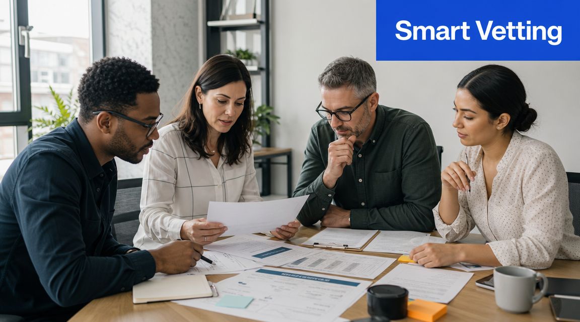 A professional team of four people collaborating on documents during a meeting in a bright office.
