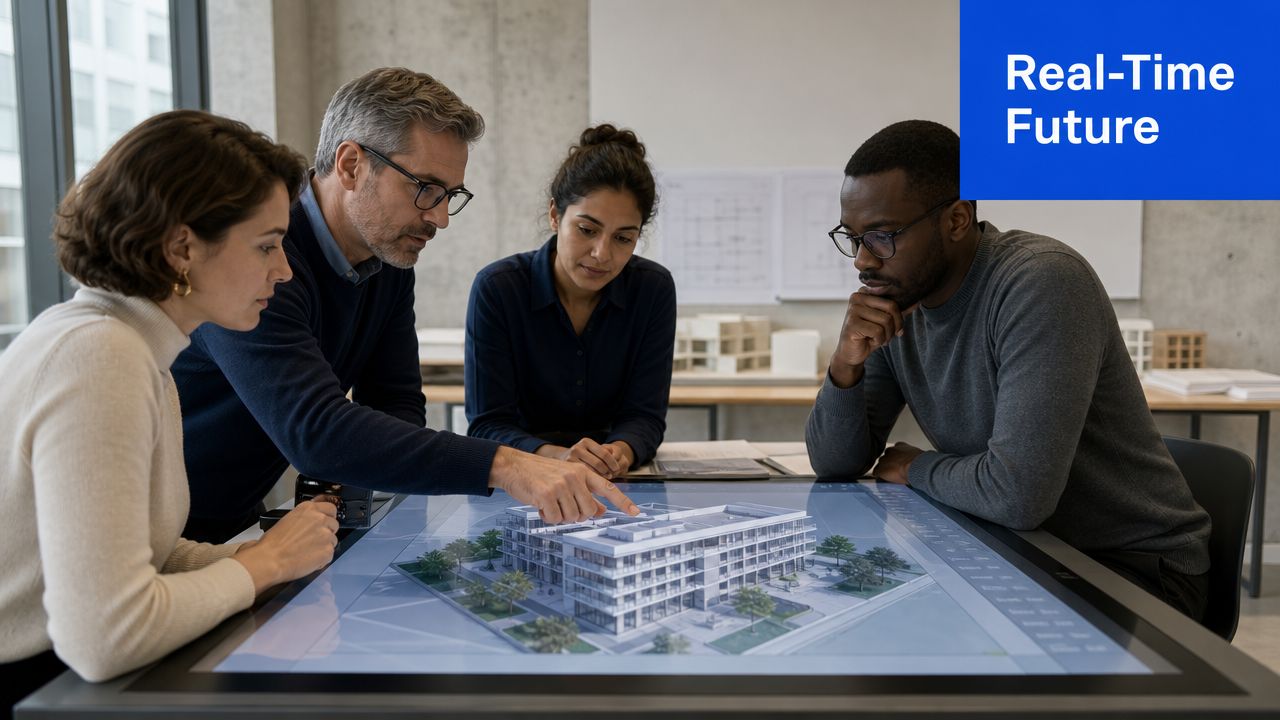 A professional team of architects reviewing a 3D architectural building design on a large digital touchscreen table.