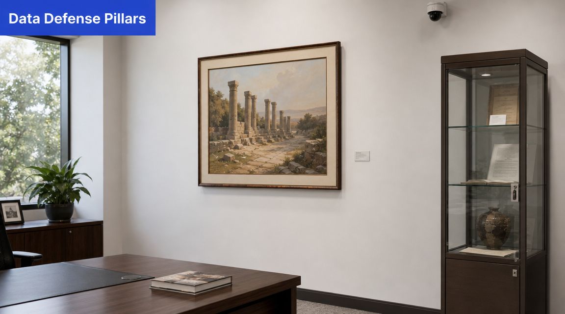 A professional office with a wooden desk, a framed painting of ancient pillars, and a glass display case.