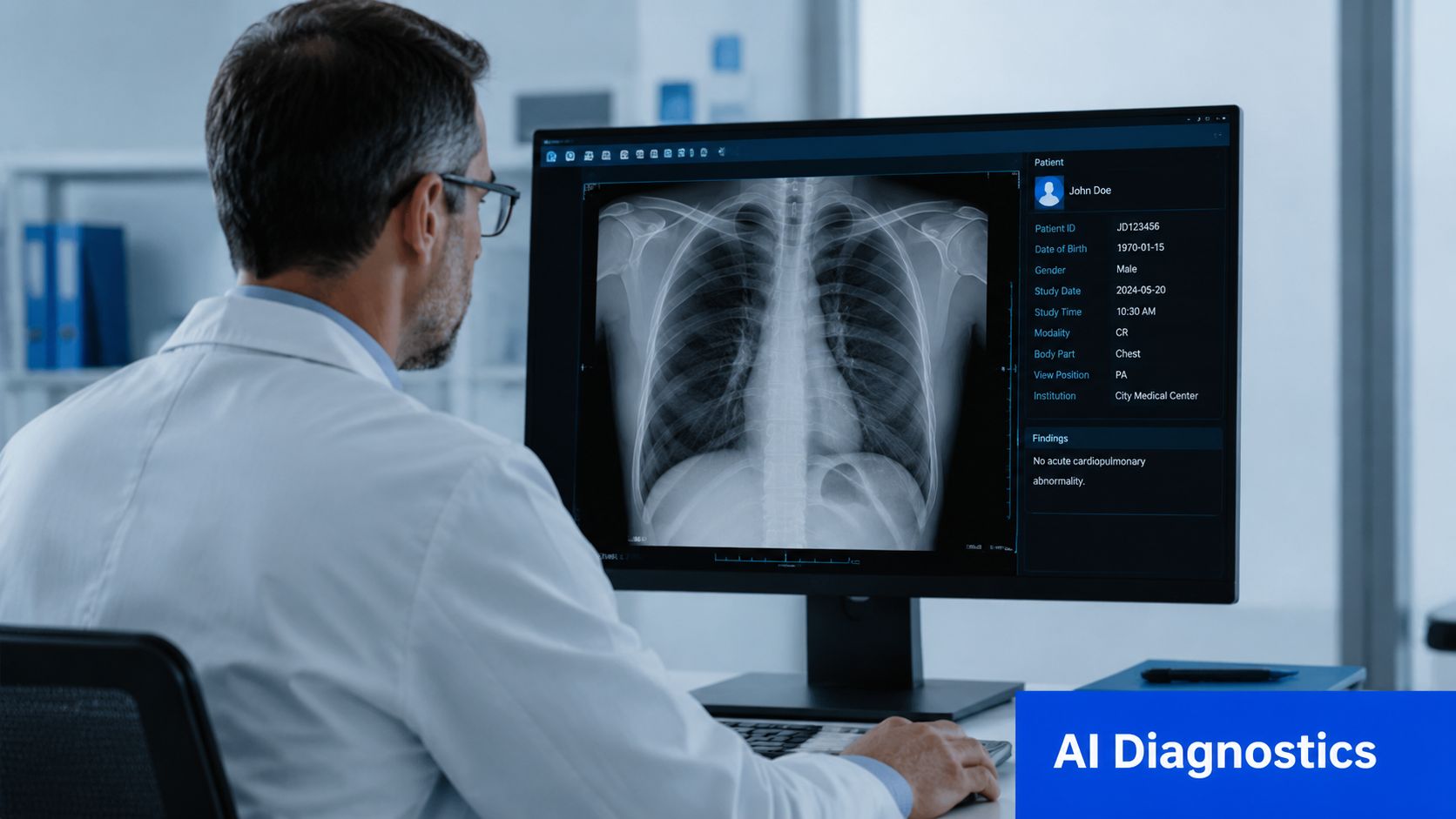 A male doctor in a lab coat reviewing a chest X-ray on a computer monitor in an office.