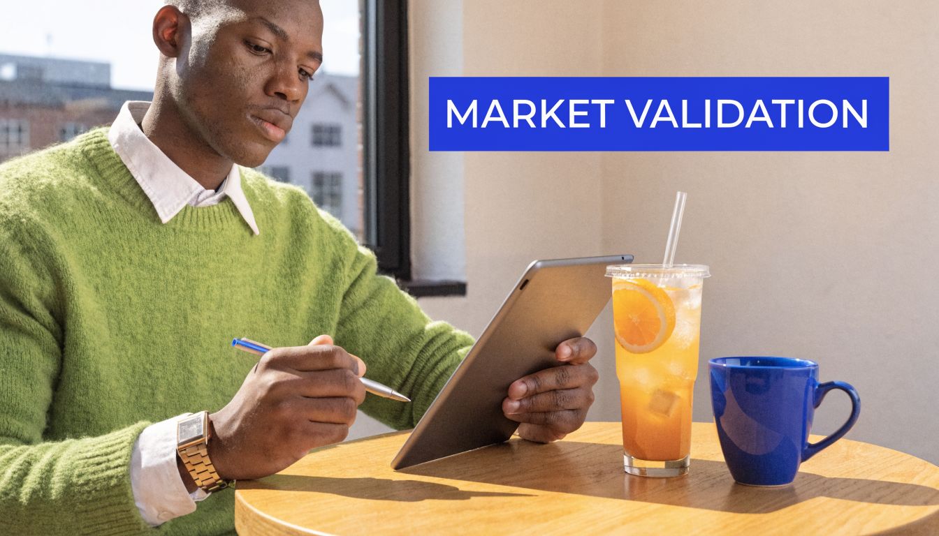 A focused man sitting at a table using a digital tablet while drinking iced tea and coffee.