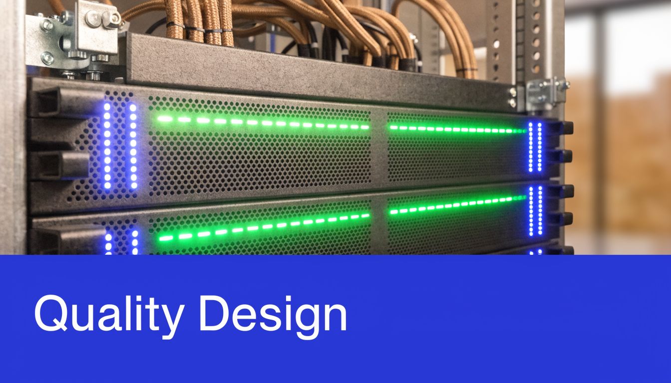 A close-up view of server rack equipment with glowing green status lights and organized network cabling.