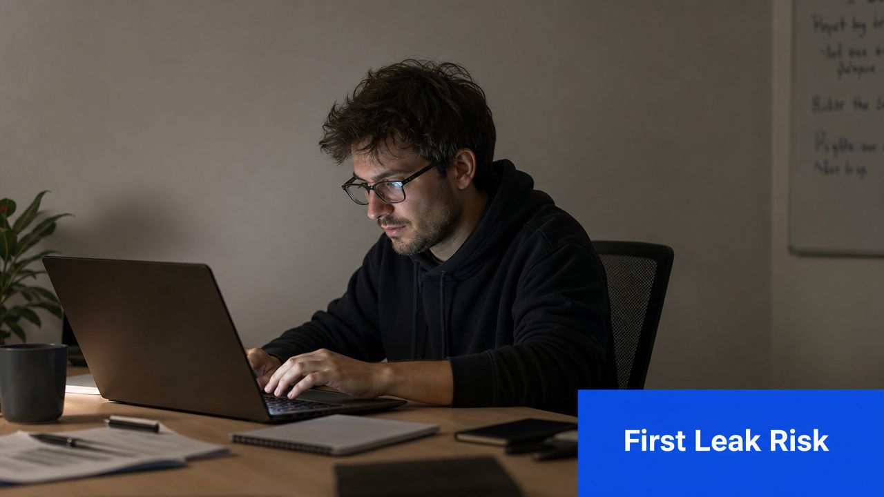 A young man with glasses working on a laptop at a dark desk late at night.