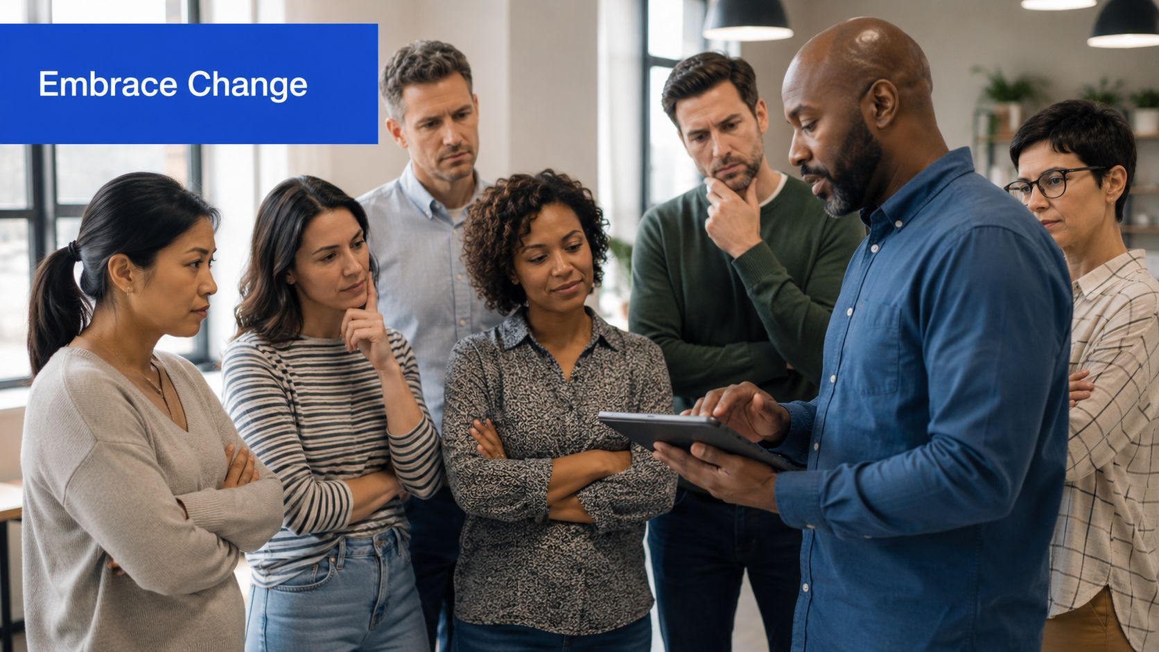 A diverse team of professionals collaborating and discussing digital transformation strategies while looking at a tablet.