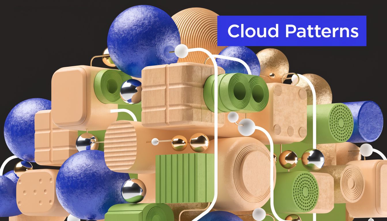 A 3D abstract digital illustration featuring colorful geometric shapes, spheres, and connected nodes representing cloud computing architecture concepts.