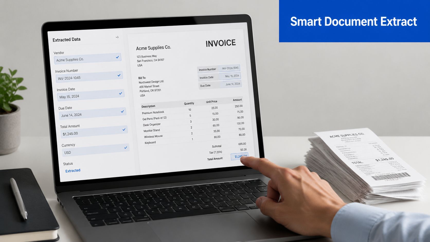 A person using a laptop to view invoice data extracted through a digital document processing software system.