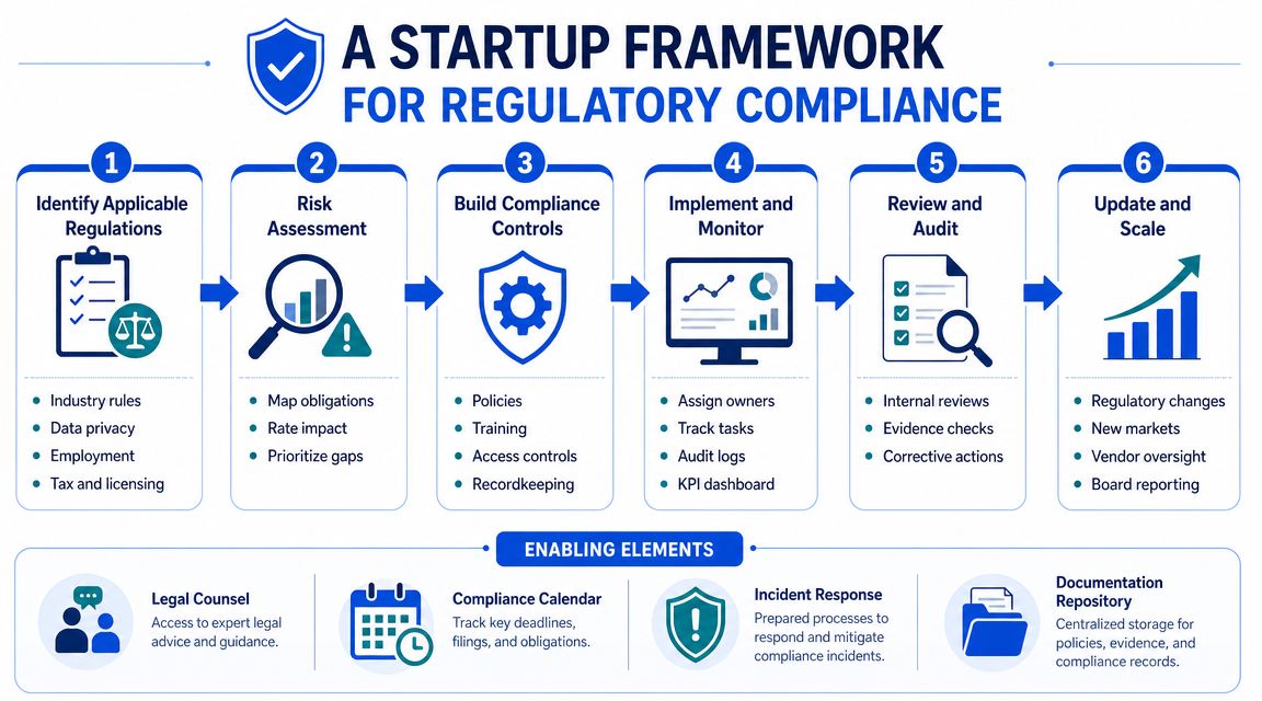 A six-step startup framework flowchart illustrating the essential process for achieving and maintaining regulatory compliance.