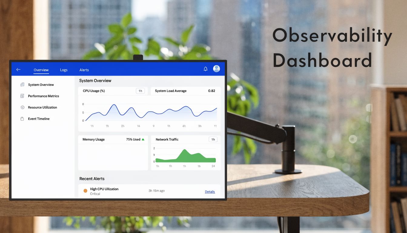 A computer monitor displaying an observability dashboard with system metrics, performance graphs, and recent alert notifications.