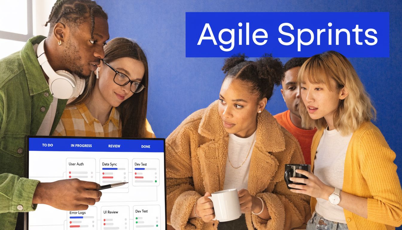 A diverse team of professionals collaboratively analyzing agile sprint task progress on a computer screen monitor.