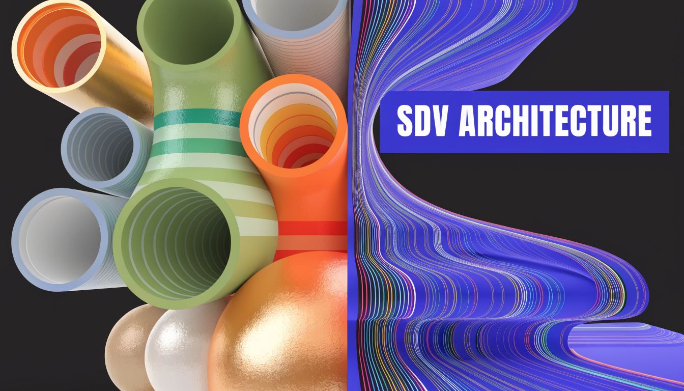 Abstract 3D digital art composition featuring colorful pipes and flowing lines with the text SDV ARCHITECTURE.
