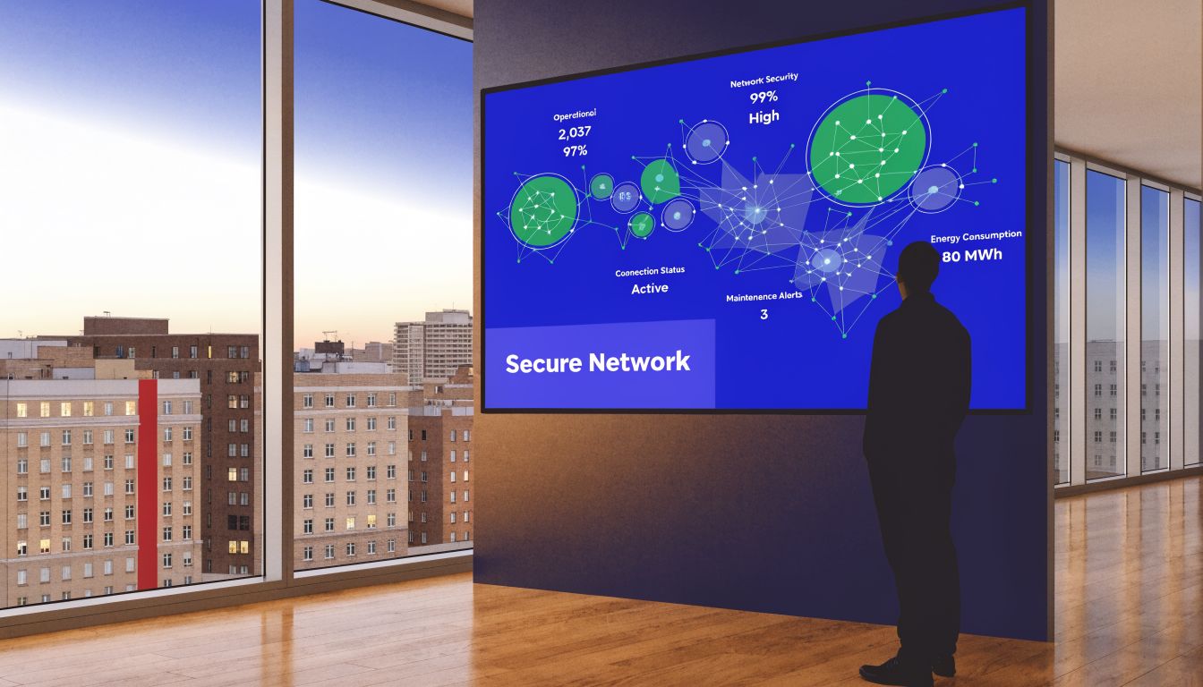 A professional in an office looking at a large digital screen displaying secure network management data.