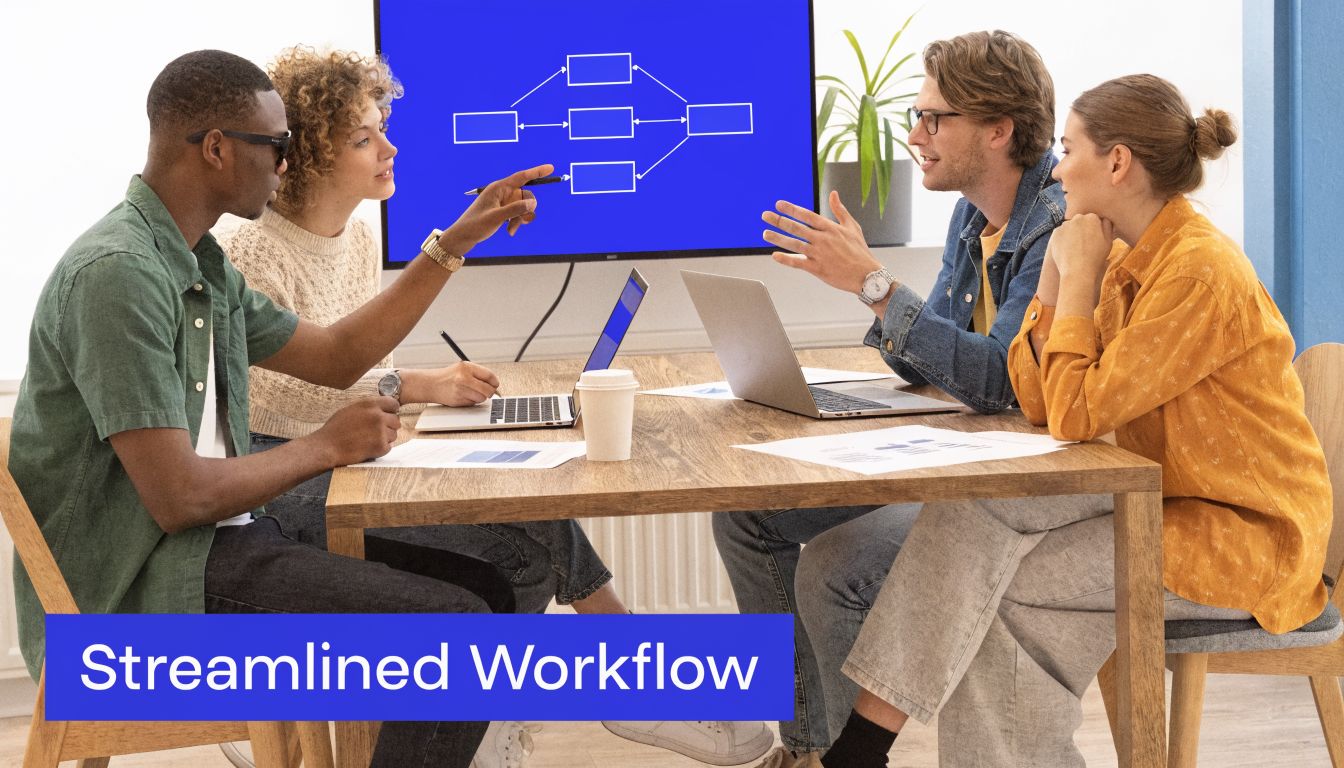 A diverse team of four professionals collaborating on a project around a wooden meeting table in office.