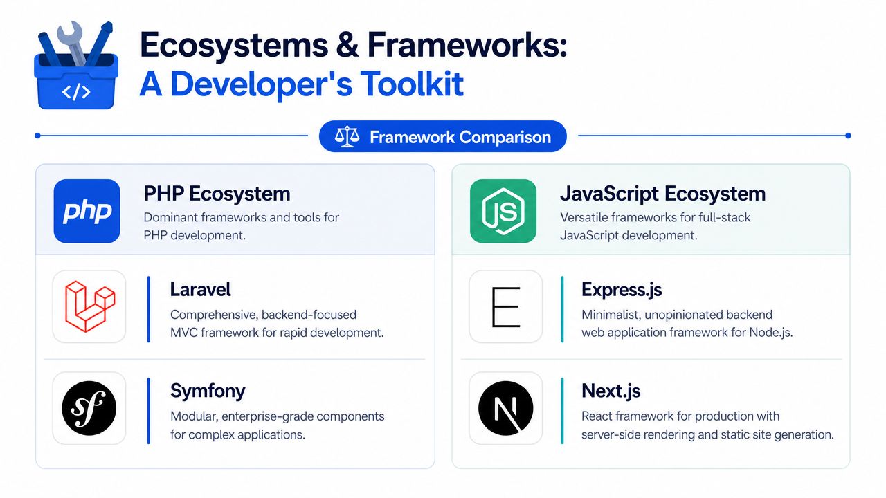A comparison infographic featuring popular frameworks from the PHP and JavaScript development ecosystems for web developers.