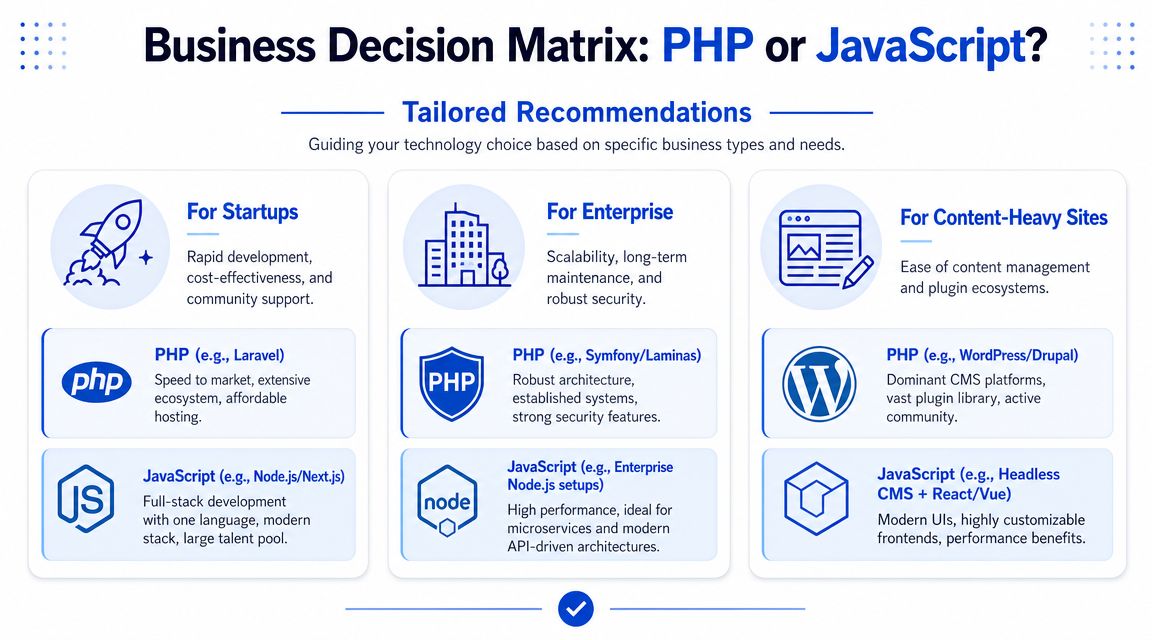 A business decision matrix comparing PHP and JavaScript for startups, enterprises, and content-heavy websites.