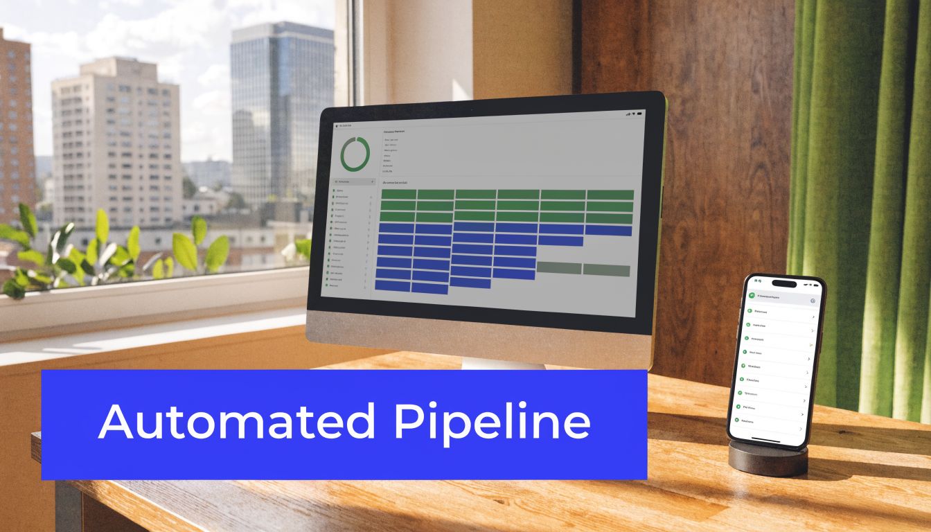 A sleek workspace featuring a desktop monitor and smartphone displaying automated sales pipeline software interfaces on a desk.