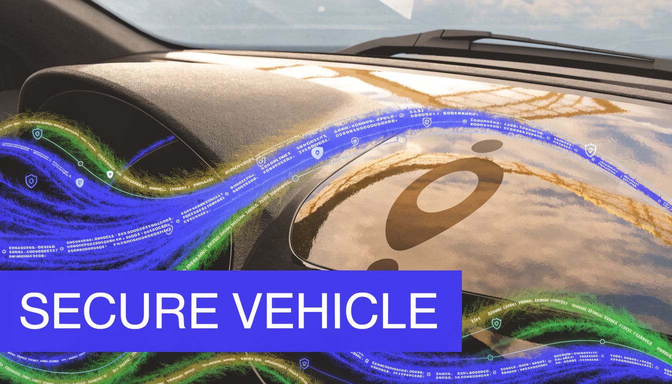 A conceptual digital visualization overlay showing secure data flow inside a modern automotive dashboard.