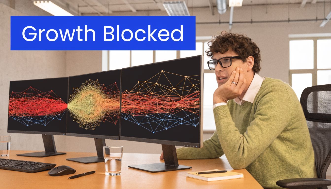 A concerned professional looks at complex data network visualizations on three computer monitors in an office.