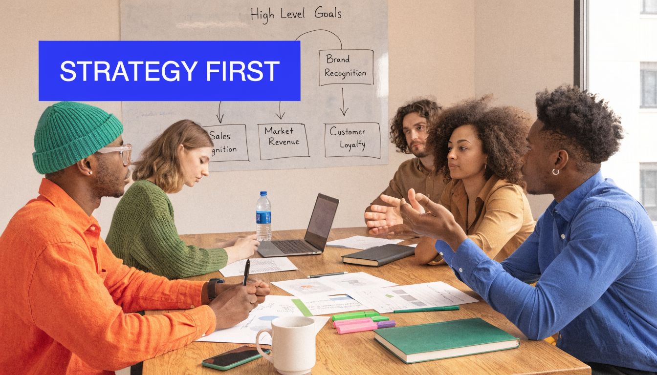 A diverse team of professionals discussing business strategy around a table with a goal-oriented whiteboard background.