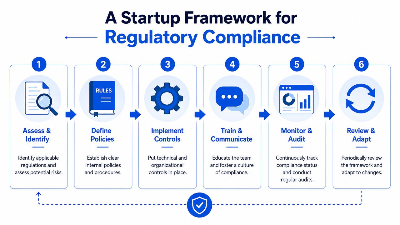 A flowchart showing six steps for a startup framework to achieve regulatory compliance and risk management.