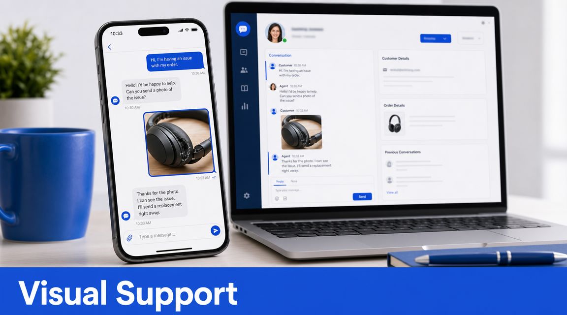 A smartphone and a laptop displaying a customer support chat conversation about a damaged pair of headphones.
