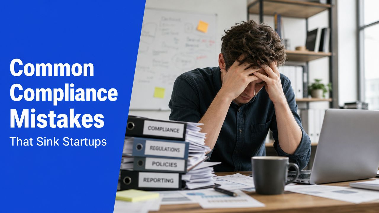 A stressed entrepreneur sitting at a desk with large stacks of compliance and regulation binders.