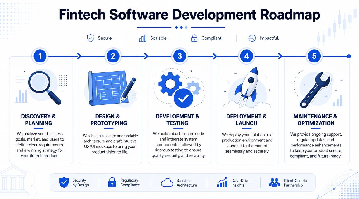 A five-step roadmap infographic outlining the fintech software development lifecycle from discovery to maintenance and optimization.