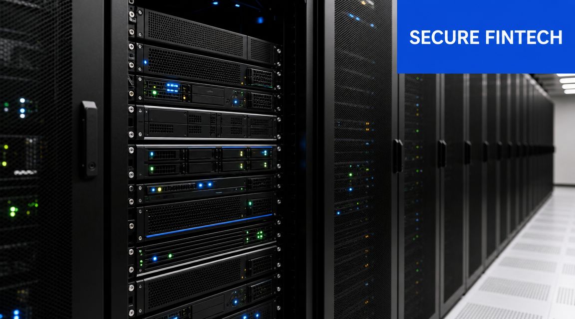 A data center with rows of black server racks illuminated by small blue and green indicator lights.