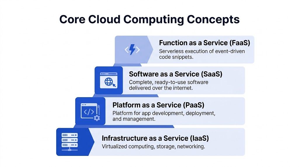 A diagram illustrating core cloud computing concepts including FaaS, SaaS, PaaS, and IaaS service models.