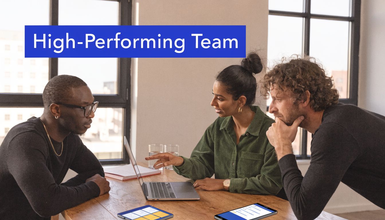 A diverse professional team collaborating on a high-performing project using a laptop and tablets in office.