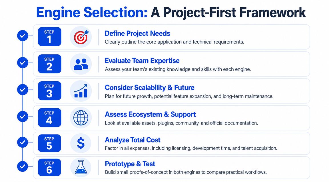 A six-step infographic for selecting a game engine, focusing on project requirements, team expertise, and scalability.