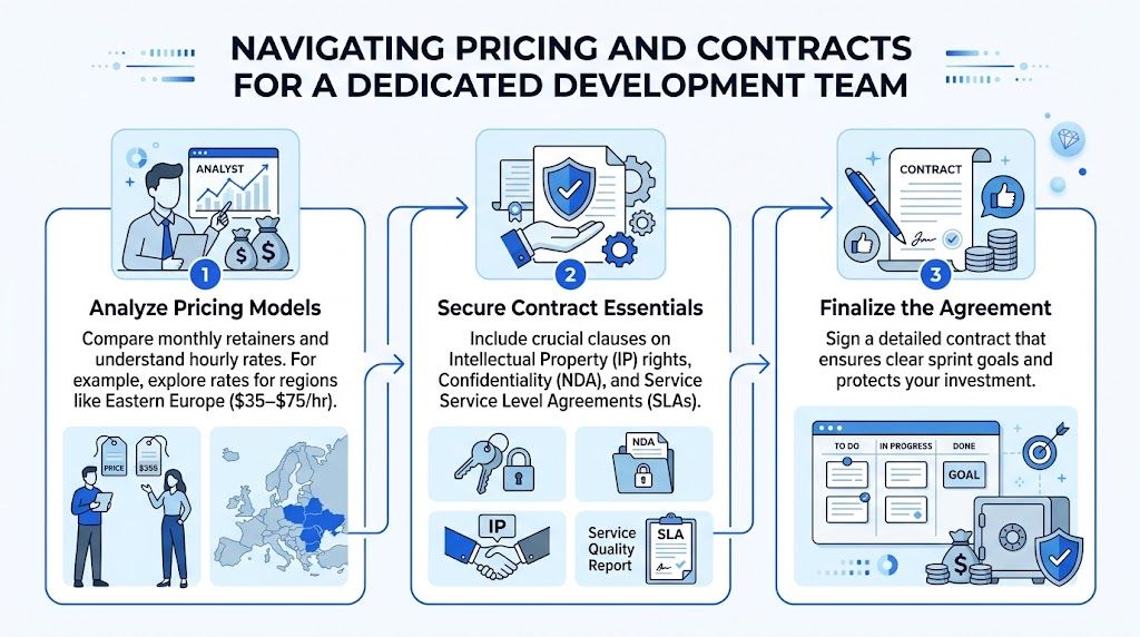 A three-step infographic on navigating pricing and contracts when hiring a dedicated software development team.