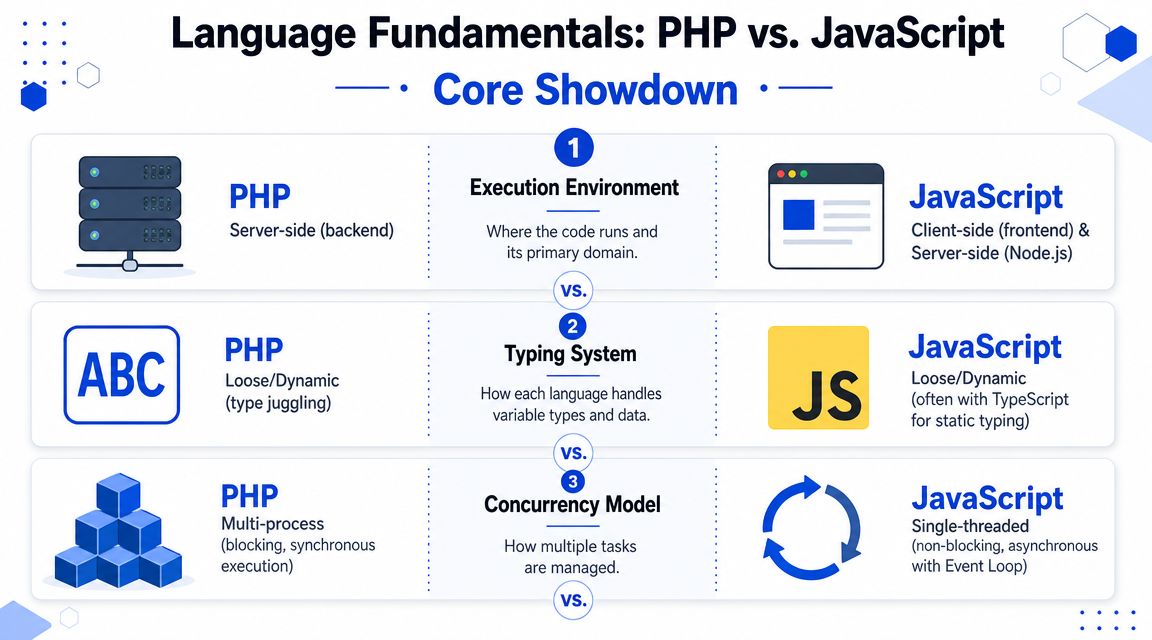 A comparison infographic detailing the fundamental differences between PHP and JavaScript in execution, typing, and concurrency.