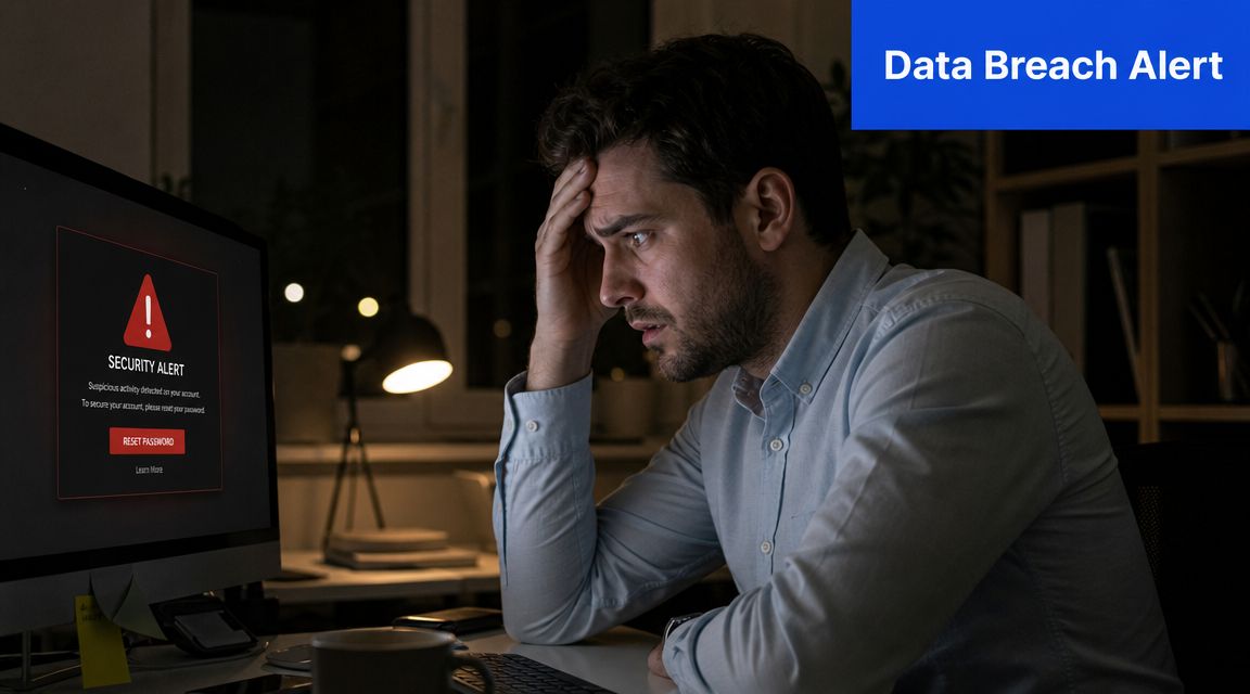 A concerned man looking at a security alert notification on his computer screen due to data breach.