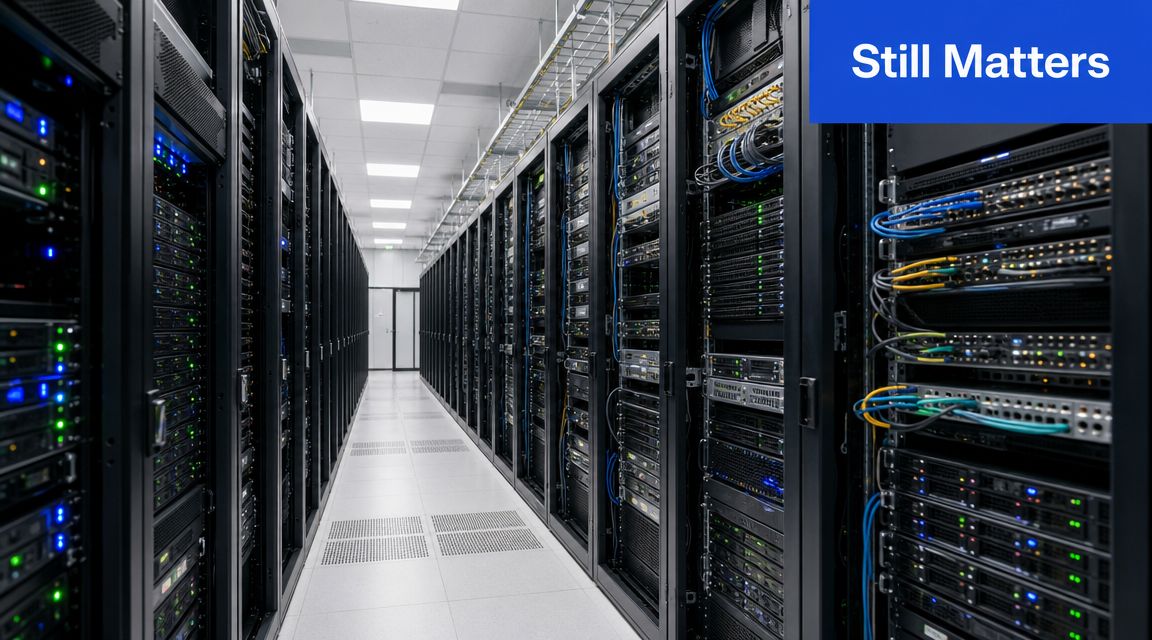 A modern server room filled with rows of black server racks containing blinking network equipment hardware.