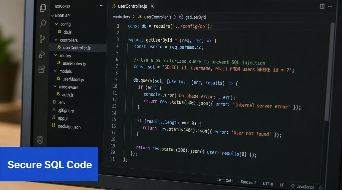 A computer screen showing Node.js code with a parameterized query implementation to prevent SQL injection vulnerabilities.